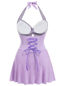 Online Retro Stage [US Warehouse] Purple 1930s Plaid Halter One-Piece Swimsuit