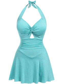 Online Retro Stage [US Warehouse] Purple 1930s Plaid Halter One-Piece Swimsuit