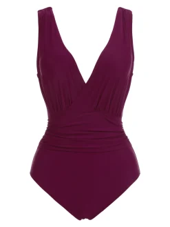 Sale Retro Stage [US Warehouse] Raspberry Purple 1960s V-Neck One-piece Swimsuit Purple Red