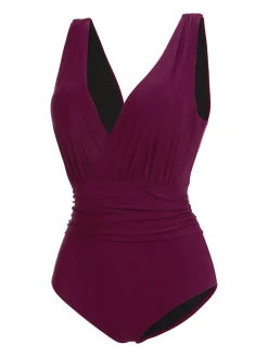 Sale Retro Stage [US Warehouse] Raspberry Purple 1960s V-Neck One-piece Swimsuit Purple Red