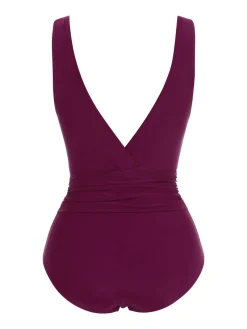 Sale Retro Stage [US Warehouse] Raspberry Purple 1960s V-Neck One-piece Swimsuit Purple Red