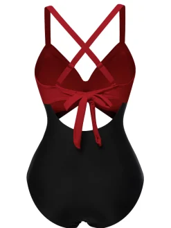 Best Retro Stage [US Warehouse] Red & Black 1940s Hollow Waist Patchwork Swimsuit