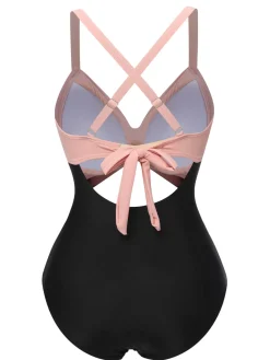 Best Retro Stage [US Warehouse] Red & Black 1940s Hollow Waist Patchwork Swimsuit