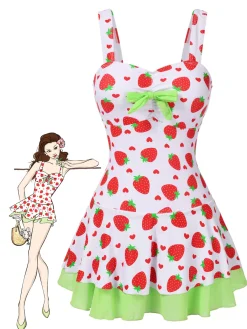 Fashion Retro Stage [US Warehouse] Red & Green 1940s Strawberry Bow Swim Dress Bright Green