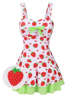 Fashion Retro Stage [US Warehouse] Red & Green 1940s Strawberry Bow Swim Dress Bright Green