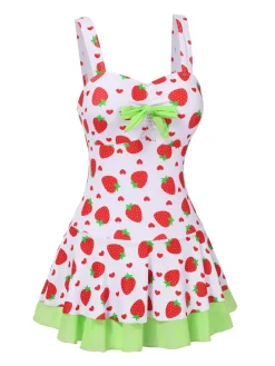 Fashion Retro Stage [US Warehouse] Red & Green 1940s Strawberry Bow Swim Dress Bright Green