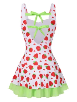 Fashion Retro Stage [US Warehouse] Red & Green 1940s Strawberry Bow Swim Dress Bright Green