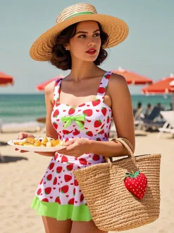 Fashion Retro Stage [US Warehouse] Red & Green 1940s Strawberry Bow Swim Dress Bright Green