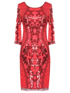 Sale Retro Stage [US Warehouse] 1920s 3/4 Sleeve Sequin Gatsby Dress Red