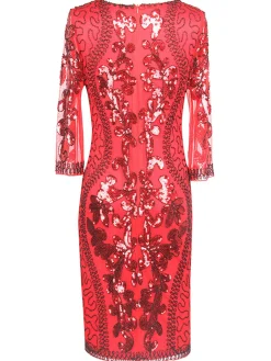 Sale Retro Stage [US Warehouse] 1920s 3/4 Sleeve Sequin Gatsby Dress Red