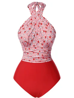 Best Retro Stage [US Warehouse] 1950s Apple Plaid Wrapped Swimsuit Red