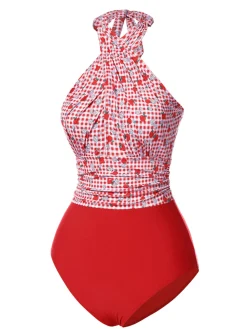 Best Retro Stage [US Warehouse] 1950s Apple Plaid Wrapped Swimsuit Red