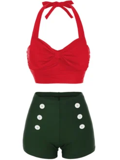 Best Retro Stage [US Warehouse] Red 1950s Bow Halter Bikini Set