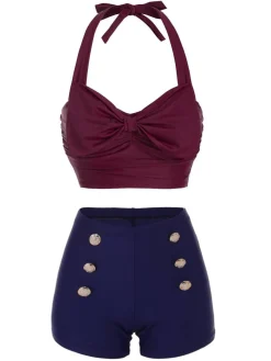 Best Retro Stage [US Warehouse] Red 1950s Bow Halter Bikini Set