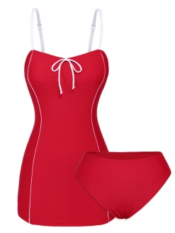 Clearance Retro Stage [US Warehouse] 1940s Bow Straps One-Piece Swimsuit Red