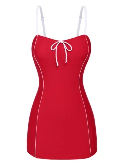 Clearance Retro Stage [US Warehouse] 1940s Bow Straps One-Piece Swimsuit Red
