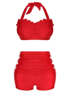 Clearance Retro Stage [US Warehouse] 1950s Button Ruffles Halter Swimsuit Red