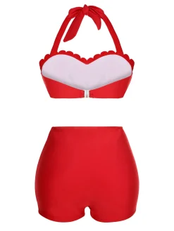 Clearance Retro Stage [US Warehouse] 1950s Button Ruffles Halter Swimsuit Red