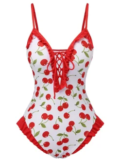 Hot Retro Stage [US Warehouse] 1950s Cherry Lace-Up Ruffled Swimsuit Red
