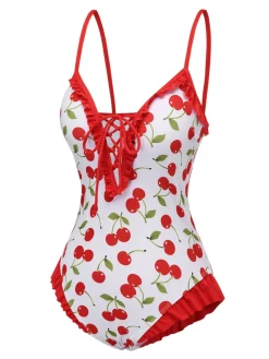 Hot Retro Stage [US Warehouse] 1950s Cherry Lace-Up Ruffled Swimsuit Red