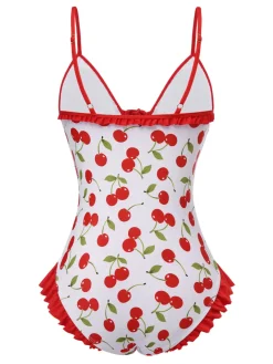 Hot Retro Stage [US Warehouse] 1950s Cherry Lace-Up Ruffled Swimsuit Red
