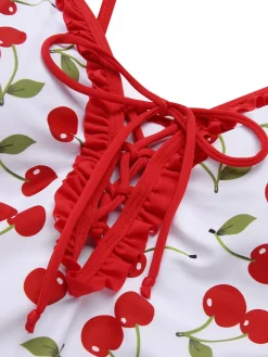Hot Retro Stage [US Warehouse] 1950s Cherry Lace-Up Ruffled Swimsuit Red