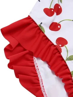 Hot Retro Stage [US Warehouse] 1950s Cherry Lace-Up Ruffled Swimsuit Red
