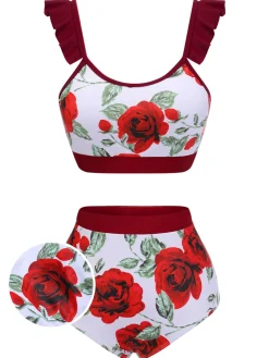 Best Retro Stage [US Warehouse] 1940s Floral Ruffles Swimsuit Red
