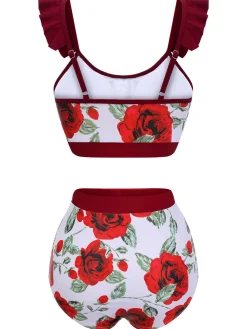 Best Retro Stage [US Warehouse] 1940s Floral Ruffles Swimsuit Red