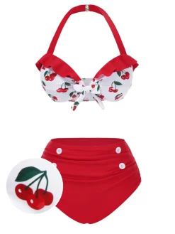 Best Retro Stage [US Warehouse] 1950s Halter Ruffle Cherry Bikini Set Red