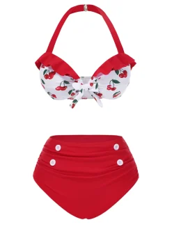 Best Retro Stage [US Warehouse] 1950s Halter Ruffle Cherry Bikini Set Red