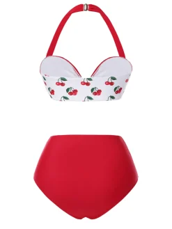 Best Retro Stage [US Warehouse] 1950s Halter Ruffle Cherry Bikini Set Red