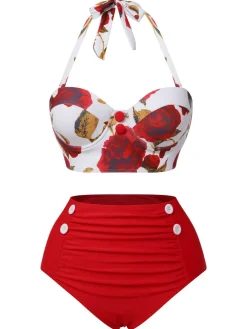 Outlet Retro Stage [US Warehouse] Red 1960s Halter Roses Swimsuit