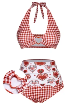 Sale Retro Stage [US Warehouse] 1950s Halter Heart Plaids Swimsuit Red