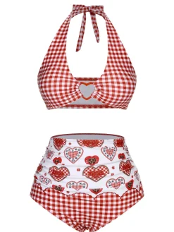 Sale Retro Stage [US Warehouse] 1950s Halter Heart Plaids Swimsuit Red