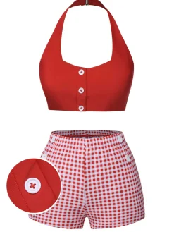 Online Retro Stage [US Warehouse] 1950s Halter Plaids Swimsuit Red