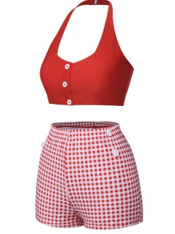 Online Retro Stage [US Warehouse] 1950s Halter Plaids Swimsuit Red