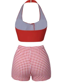 Online Retro Stage [US Warehouse] 1950s Halter Plaids Swimsuit Red