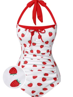 Clearance Retro Stage [US Warehouse] 1960s Halter Bow Strawberry One-Piece Swimsuit Red
