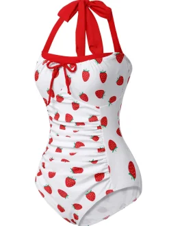 Clearance Retro Stage [US Warehouse] 1960s Halter Bow Strawberry One-Piece Swimsuit Red