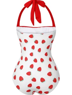 Clearance Retro Stage [US Warehouse] 1960s Halter Bow Strawberry One-Piece Swimsuit Red