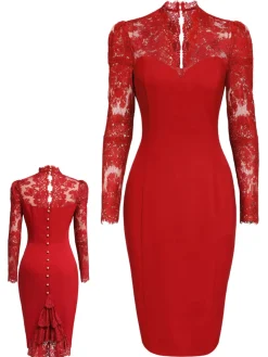 Clearance Retro Stage [US Warehouse] 1960s Lace Long Sleeves Patchwork Dress Red