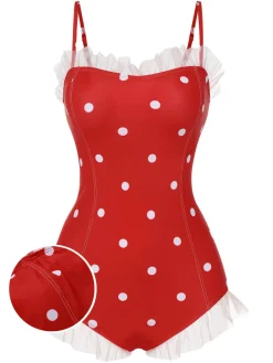 Online Retro Stage [US Warehouse] 1950s Mesh Polka Dot Swimsuit Red