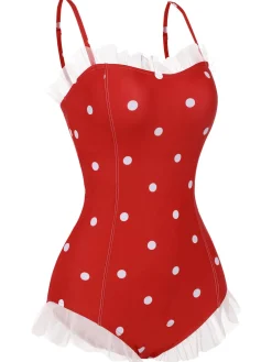 Online Retro Stage [US Warehouse] 1950s Mesh Polka Dot Swimsuit Red