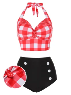 Sale Retro Stage [US Warehouse] 1950s Plaid Halter Bikini Set Red