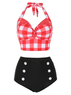 Sale Retro Stage [US Warehouse] 1950s Plaid Halter Bikini Set Red