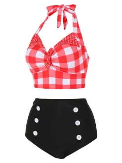 Sale Retro Stage [US Warehouse] 1950s Plaid Halter Bikini Set Red