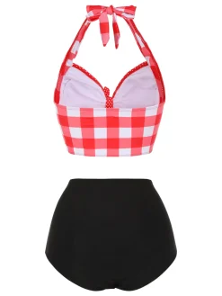 Sale Retro Stage [US Warehouse] 1950s Plaid Halter Bikini Set Red