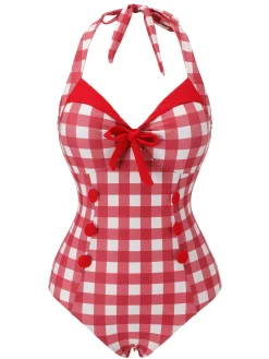 Best Retro Stage [US Warehouse] 1950s Plaids Added Bowknot Swimsuit Red