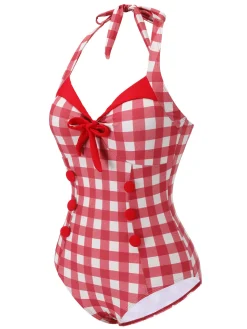 Best Retro Stage [US Warehouse] 1950s Plaids Added Bowknot Swimsuit Red